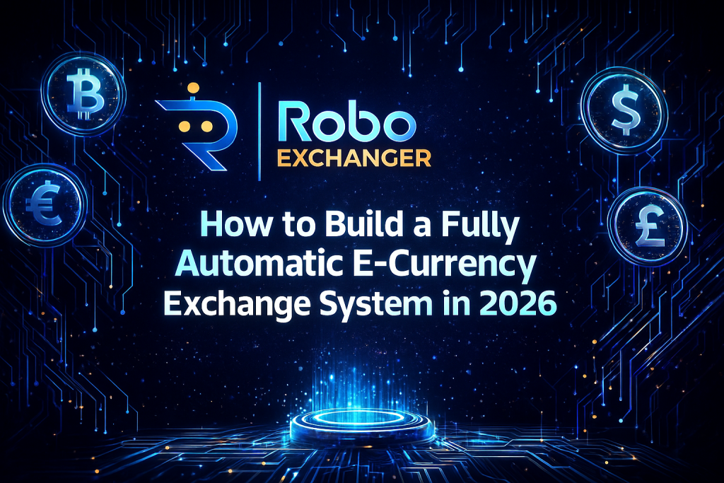 RoboExchanger feature image showing neon futuristic design with the title How to Build a Fully Automatic E-Currency Exchange System in 2026