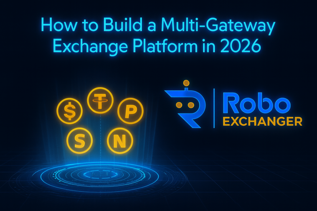 Feature image showing the RoboExchanger logo with neon blue and gold glow, titled 'How to Build a Multi-Gateway Exchange Platform in 2026', with digital currency icons.