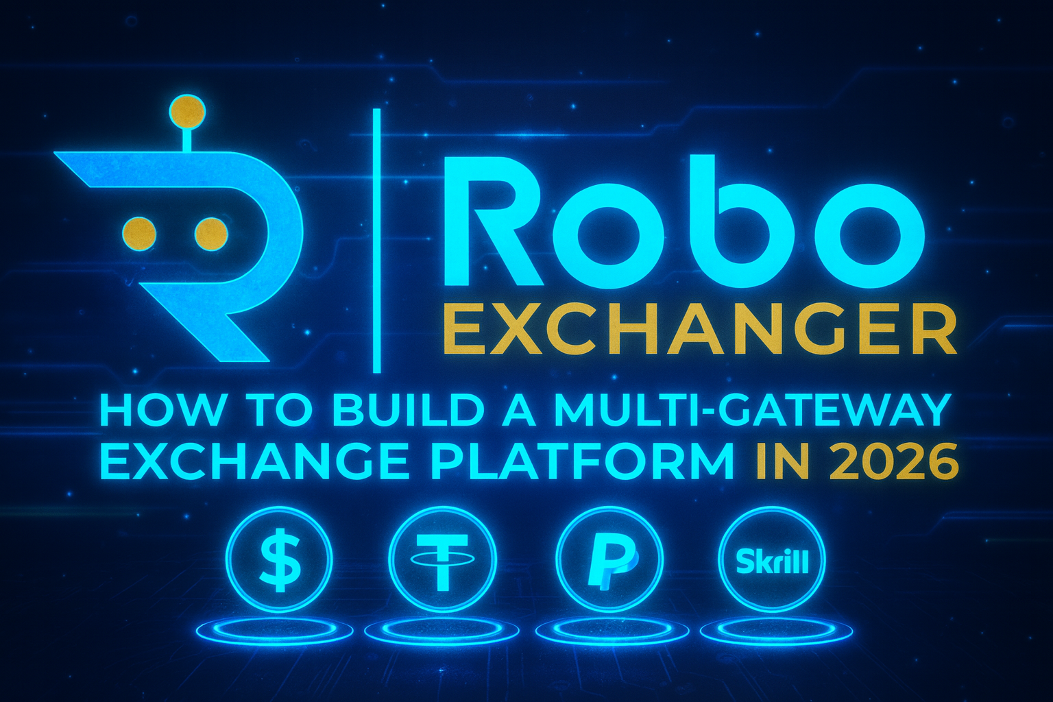 Feature image showing the RoboExchanger logo with neon blue and gold glow, titled 'How to Build a Multi-Gateway Exchange Platform in 2026', with digital currency icons.