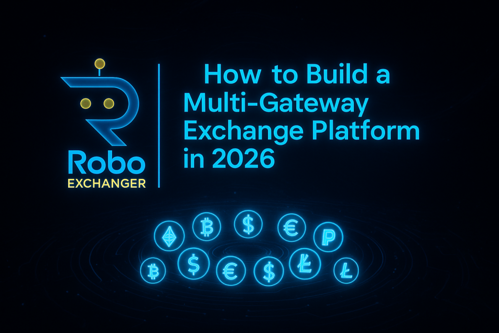 Feature image showing the RoboExchanger logo with neon blue and gold glow, titled 'How to Build a Multi-Gateway Exchange Platform in 2026', with digital currency icons.