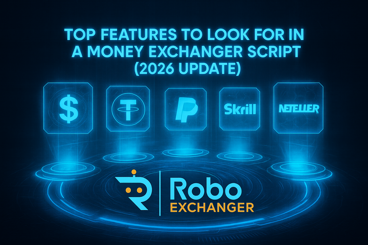Top Features to Look for in a Money Exchanger Script 2026 Update Feature image showing RoboExchanger logo with USD, USDT, PayPal, Skrill and Neteller icons for the article Top Features to Look for in a Money Exchanger Script 2026 Update.