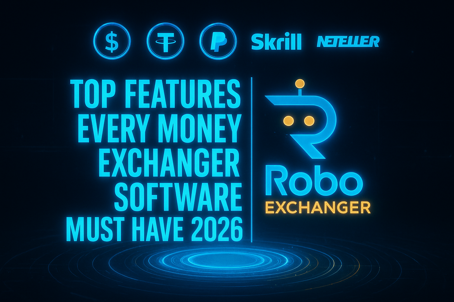 Feature image showing RoboExchanger logo with currency icons and the title “Top Features Every Money Exchanger Software Must Have in 2026” on a dark neon hologram background.