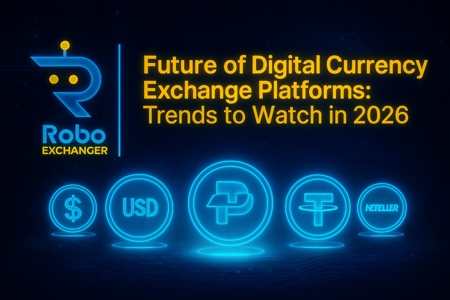 Futuristic feature image showing RoboExchanger logo with neon blue and gold currency icons for USD, USDT, PayPal, Skrill, and Neteller.