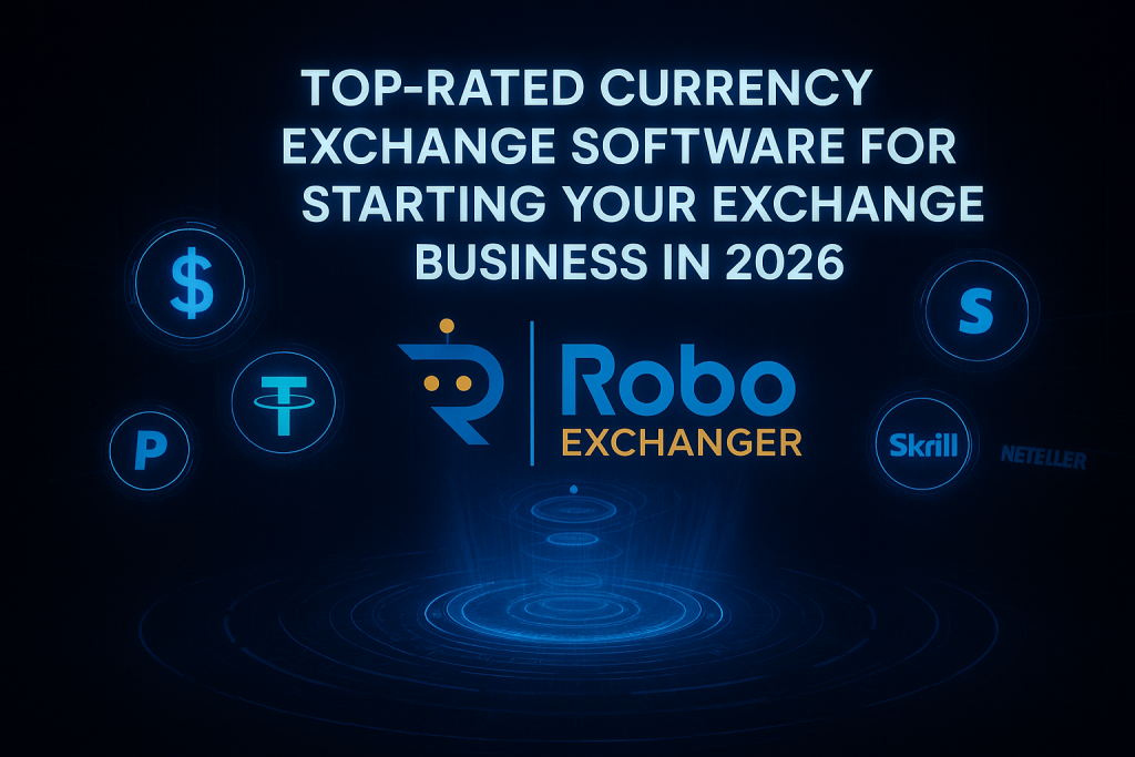 Premium dark-themed feature image showing RoboExchanger logo, currency icons, and the title “Top-Rated Currency Exchange Software for Starting Your Exchange Business in 2026.”