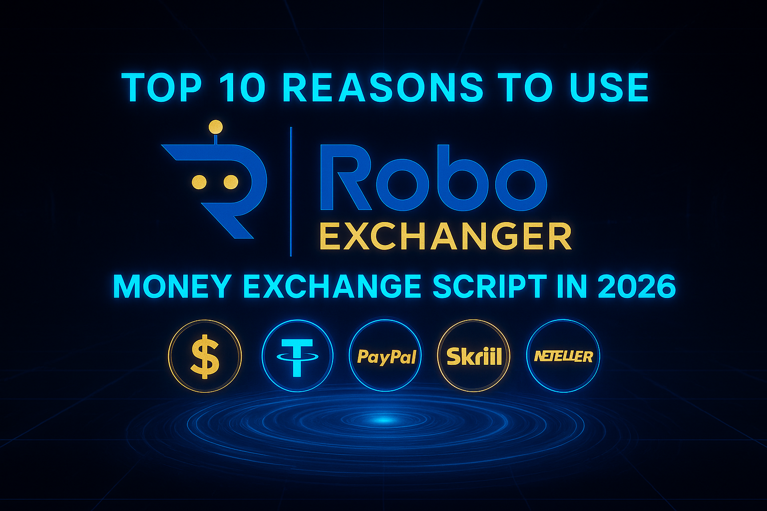 Top 10 Reasons to Use RoboExchanger Script in 2026 – Feature Image Feature image showing RoboExchanger logo with neon blue and gold currency icons and the title “Top 10 Reasons to Use RoboExchanger Money Exchange Script in 2026”.