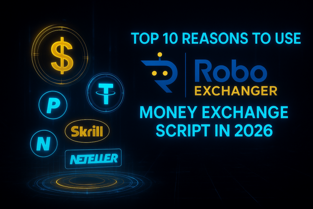 Feature image showing RoboExchanger logo with neon blue and gold currency icons and the title “Top 10 Reasons to Use RoboExchanger Money Exchange Script in 2026”.