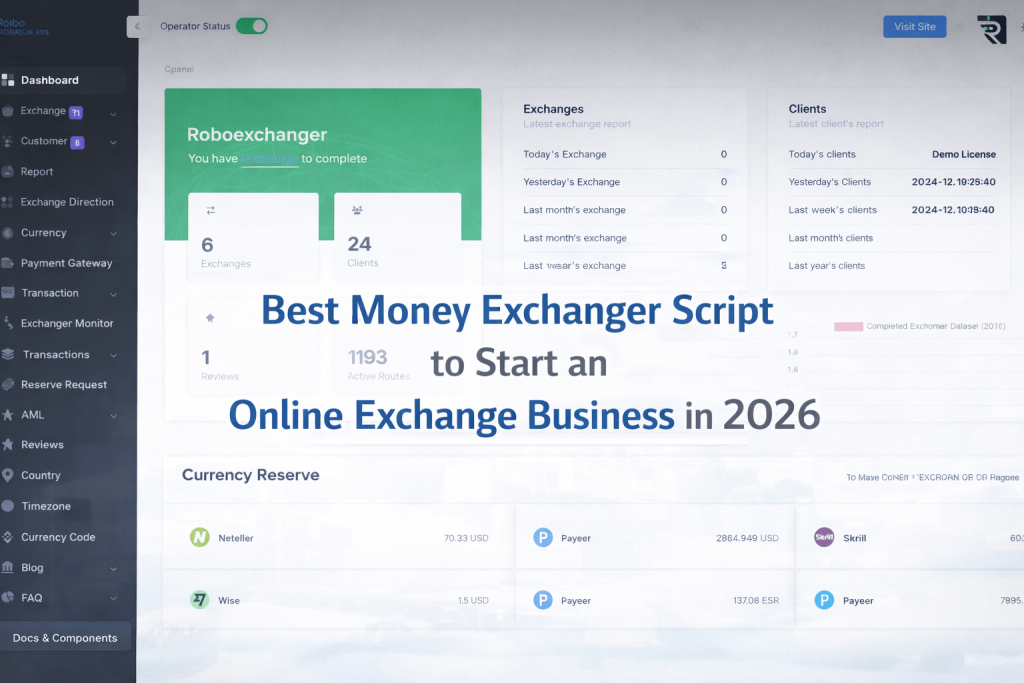 Best money exchanger script dashboard by RoboExchanger for online exchange business in 2026