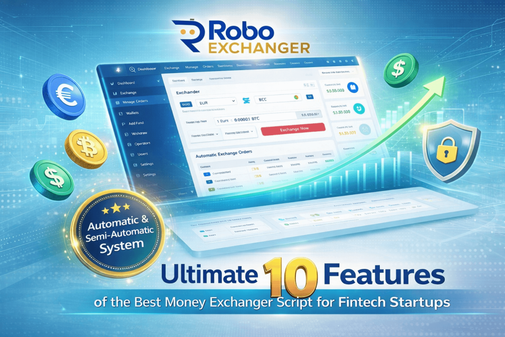 Best Money Exchanger Script promotional banner for RoboExchanger with automatic and semi-automatic system.