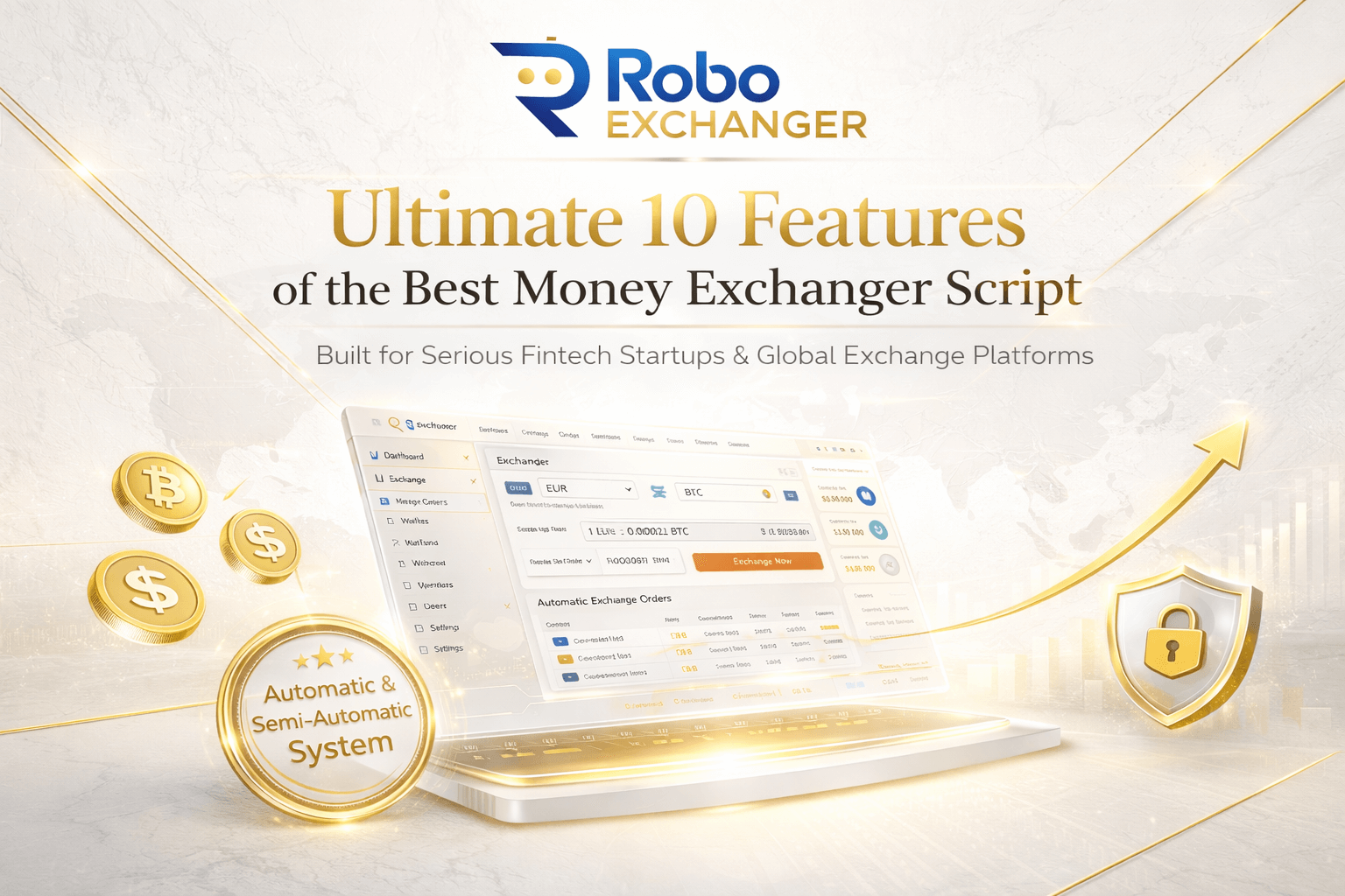 Best Money Exchanger Script promotional banner for RoboExchanger with automatic and semi-automatic system.