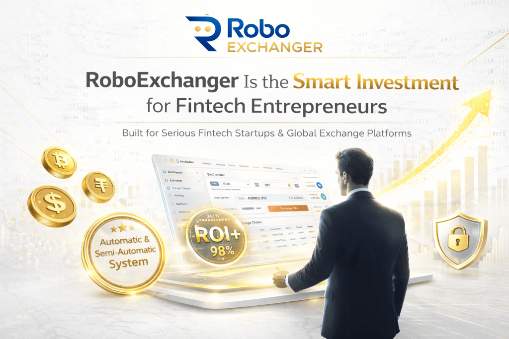 Best Money Exchanger Script promotional banner for RoboExchanger with automatic and semi-automatic system.
