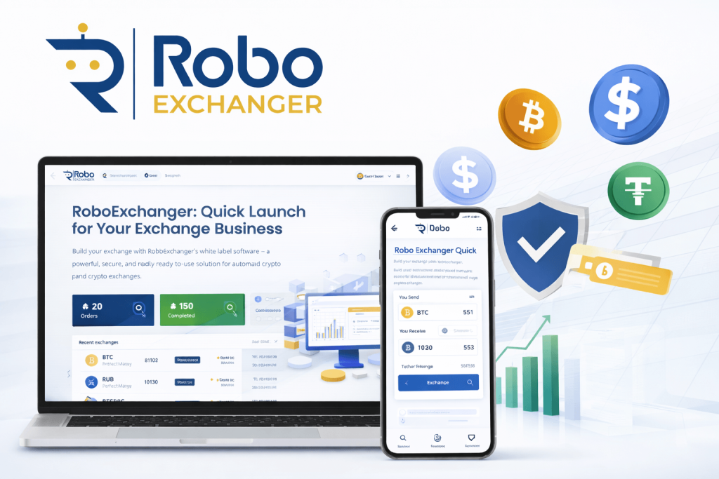 RoboExchanger currency exchange script dashboard on laptop and mobile