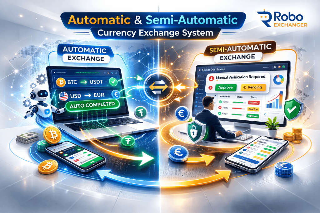 Money Exchanger Script dashboard showing automated currency exchange system