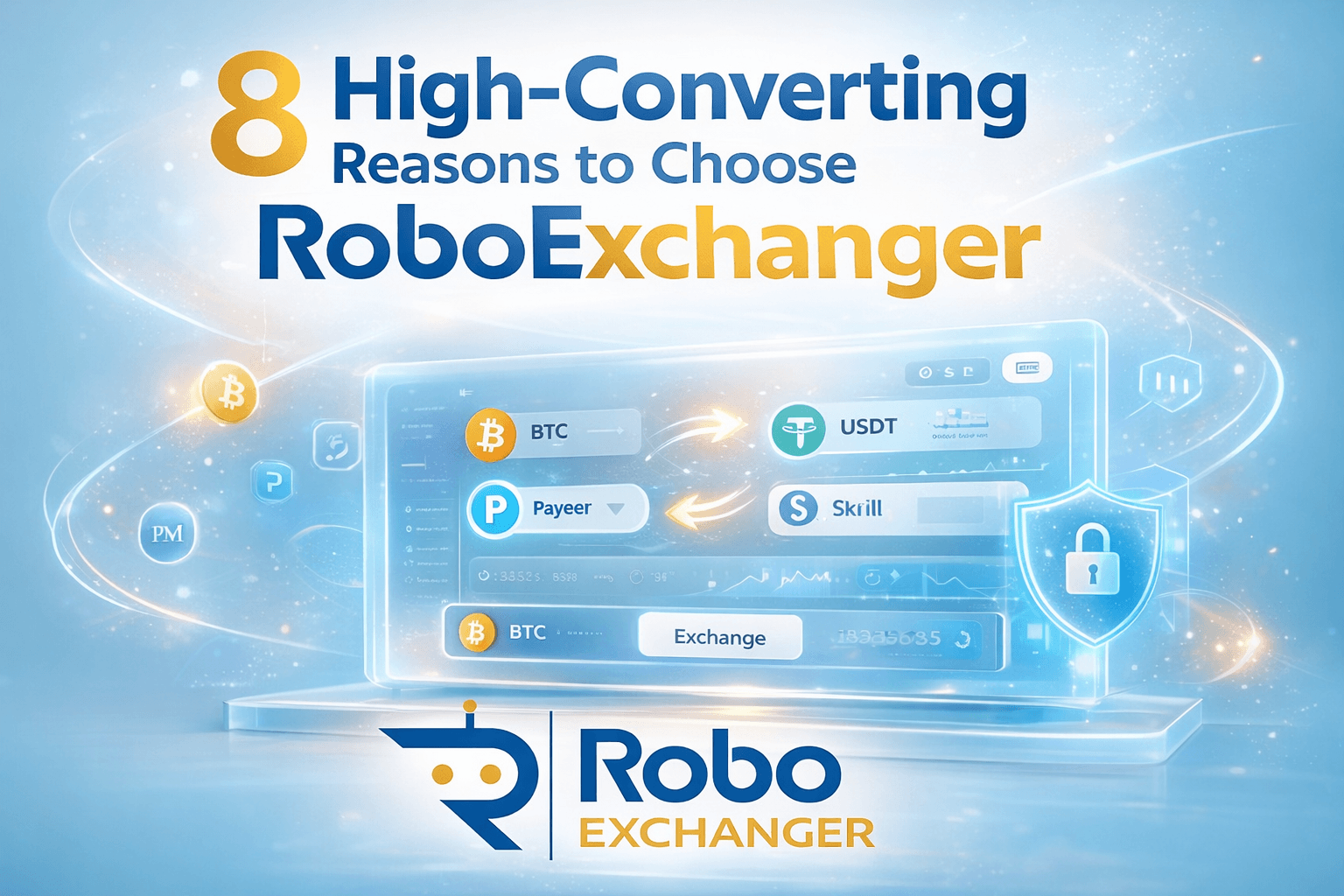 RoboExchanger Exchange Software Overview RoboExchanger fintech banner showing automated currency exchange dashboard with BTC, USDT and pricing plans