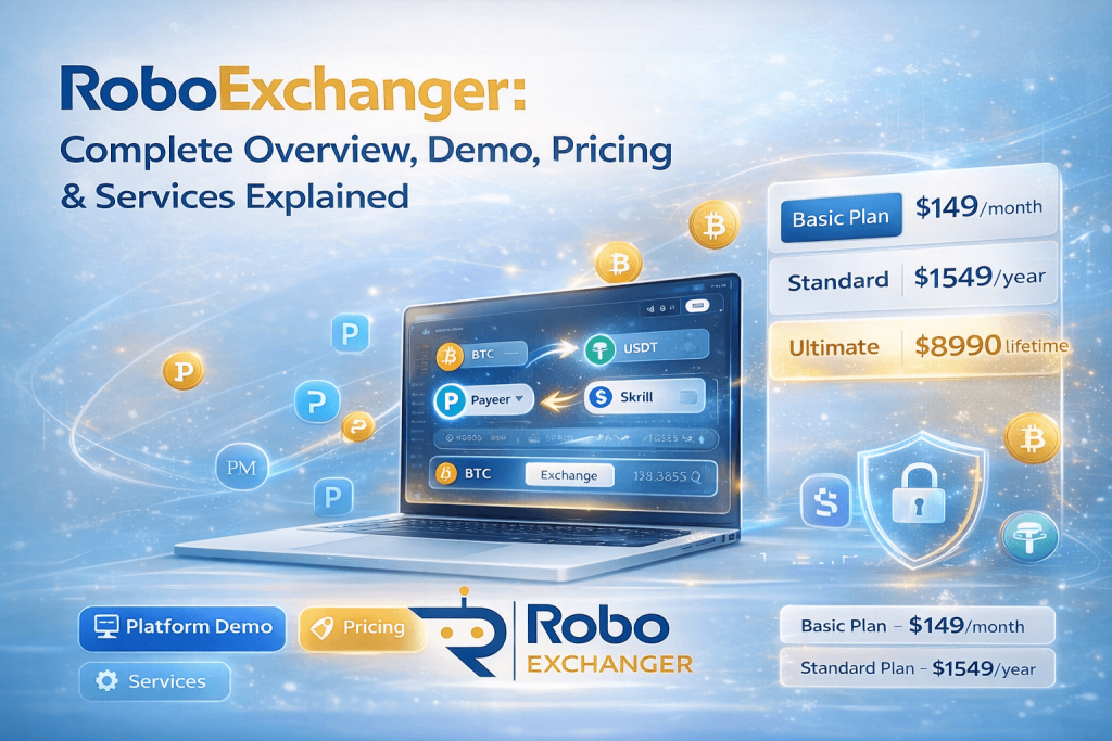 RoboExchanger fintech banner showing automated currency exchange dashboard with BTC, USDT and pricing plans