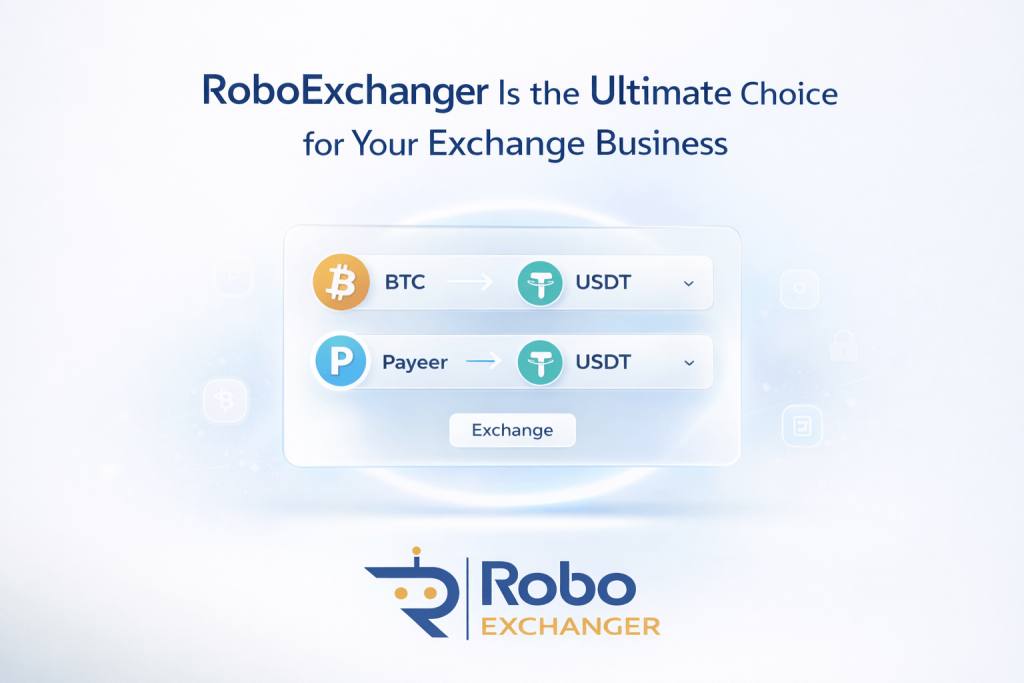 RoboExchanger fintech banner showing automated currency exchange dashboard with BTC, USDT and pricing plans