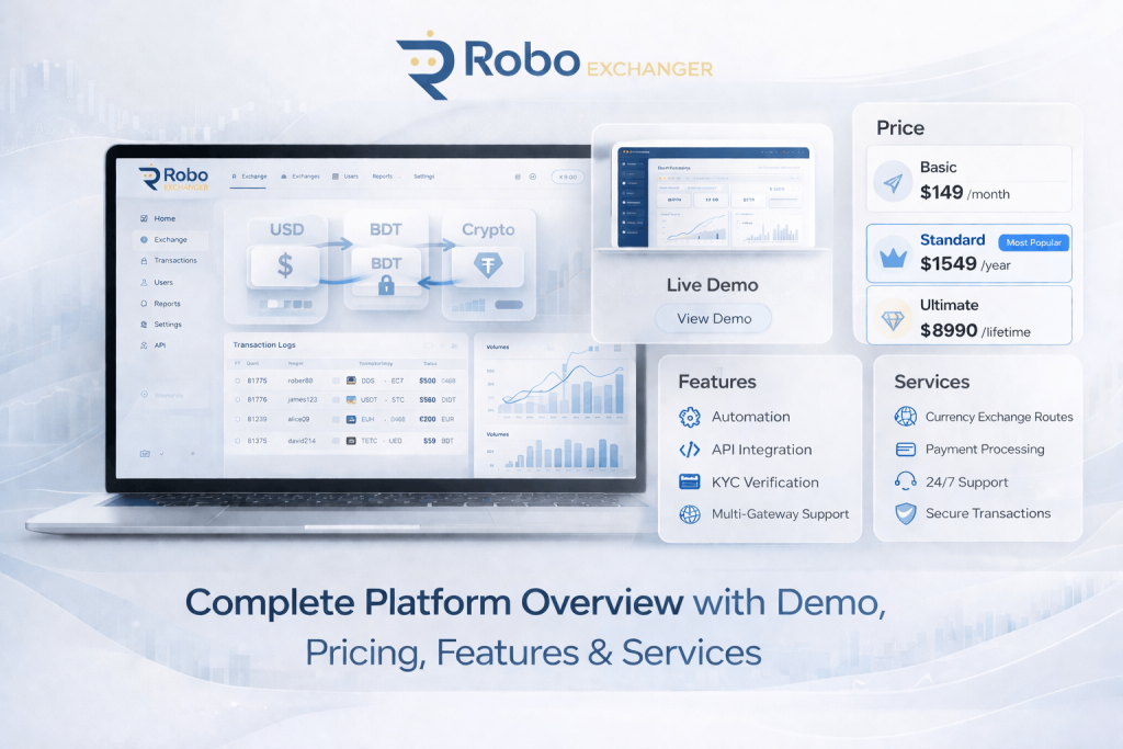 RoboExchanger platform overview dashboard with demo, pricing plans, features and services