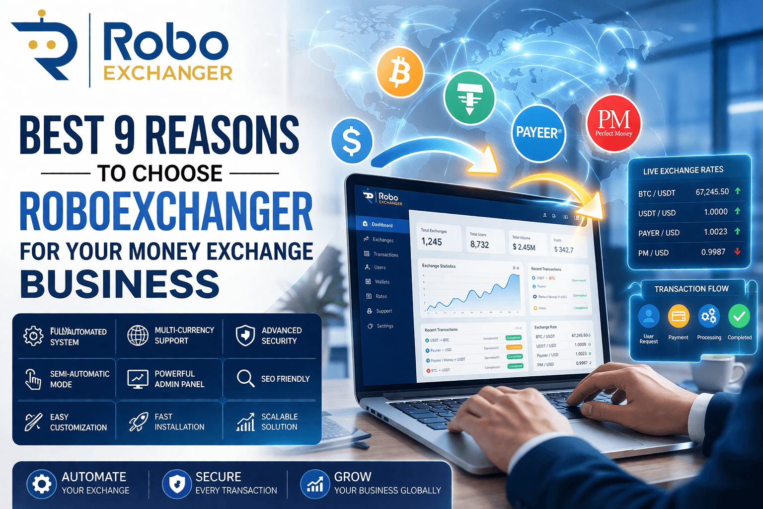 RoboExchanger money exchange script dashboard with multi-currency support and automated transaction system
