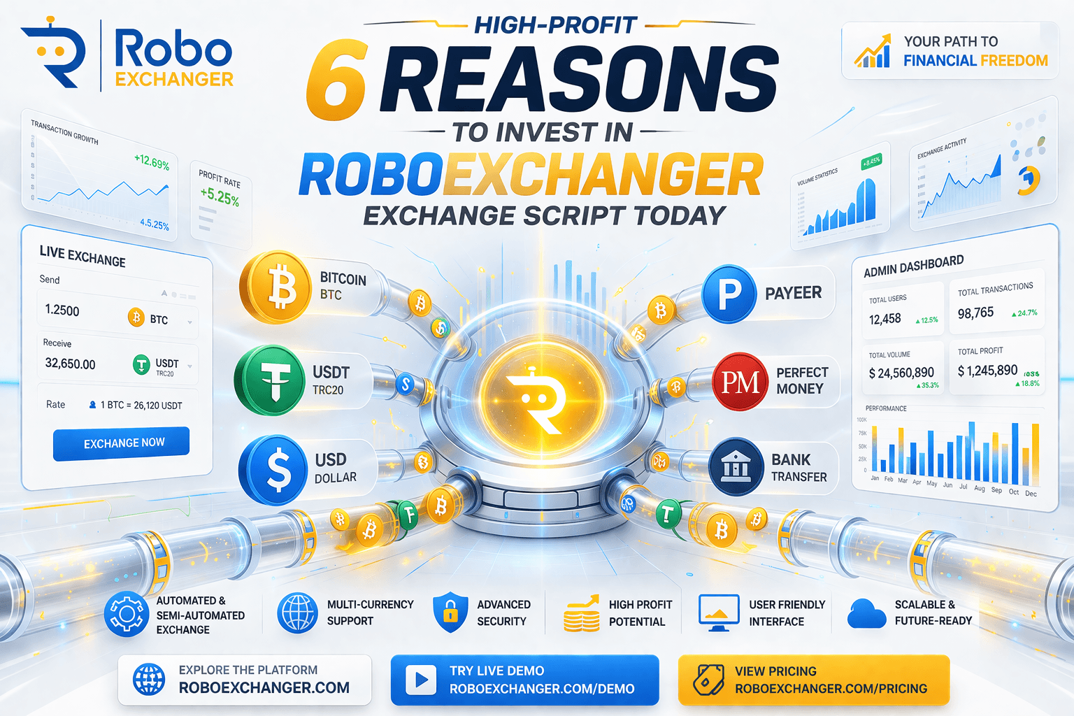 RoboExchanger benefits pricing and live demo interface