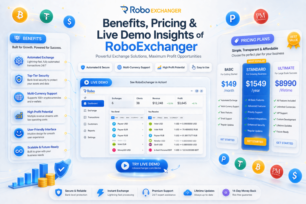 RoboExchanger benefits pricing and live demo interface