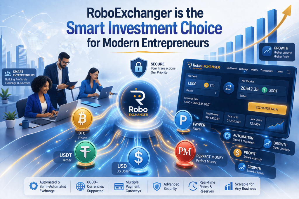 RoboExchanger fintech platform dashboard with currency exchange, growth charts and automation features