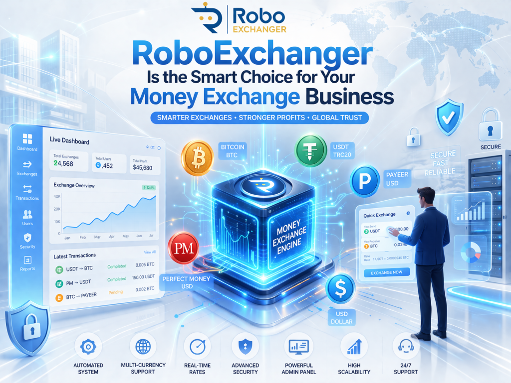 Futuristic fintech money exchange platform with global digital currency network, real-time exchange dashboard and secure transaction system