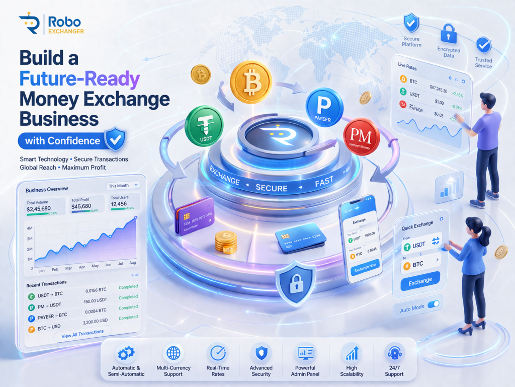 Futuristic fintech money exchange platform with global digital currency network, real-time exchange dashboard and secure transaction system